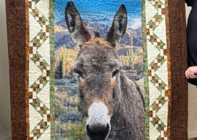 Quilt featuring a desert donkey photo panel framed by green and cream patchwork borders